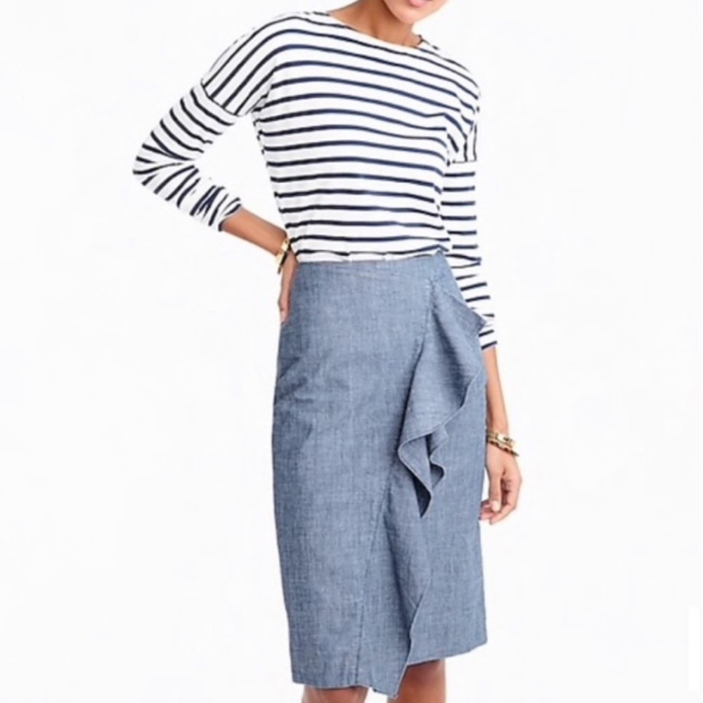 J. Crew Chambray Ruffle-Front Pencil Skirt in Blue